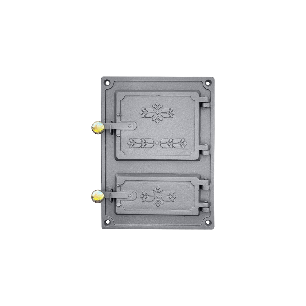 Drzwiczki żeliwne kuchenne DPK4M 375x275 z mosiężnymi gałkami, H1655 - Domabau.pl