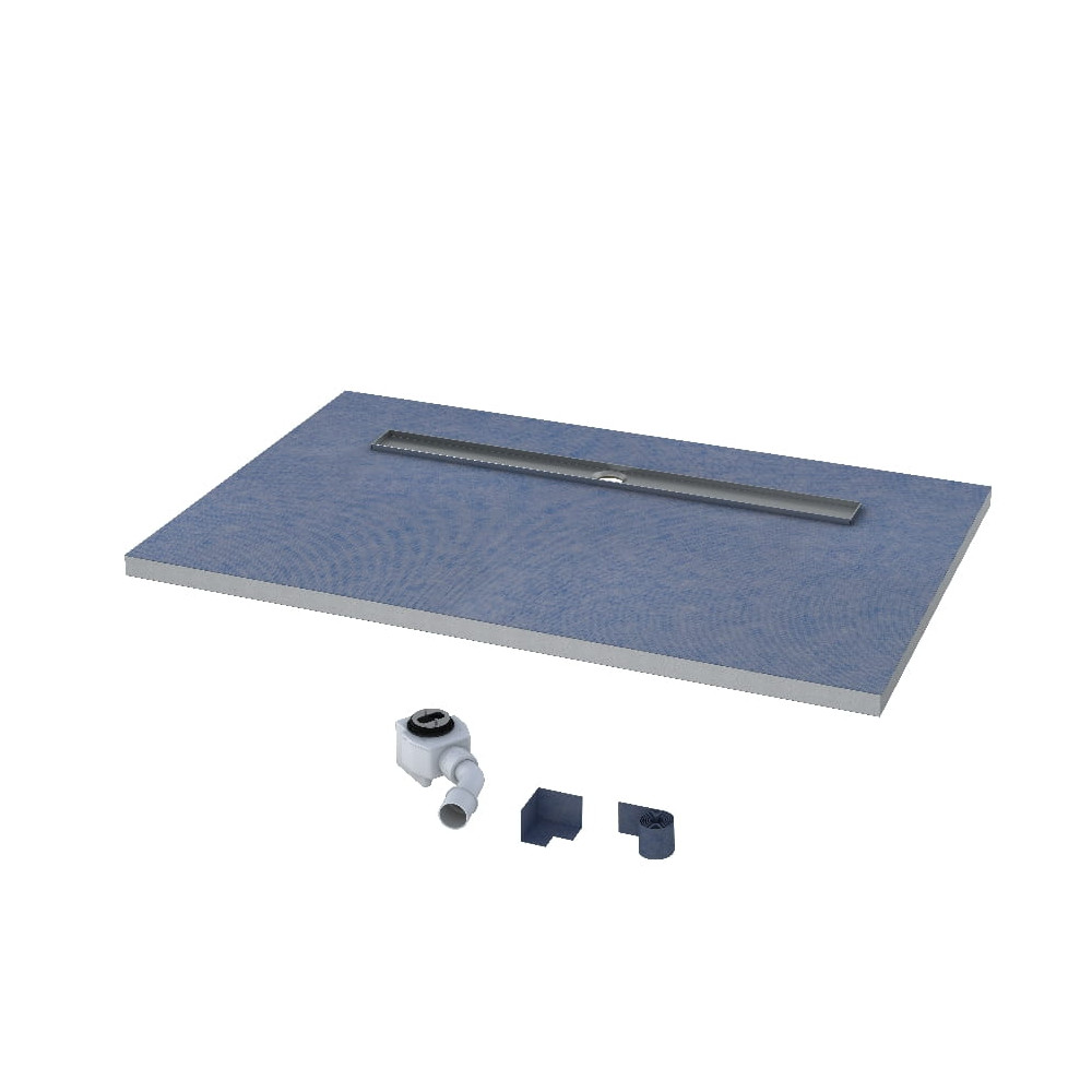 Brodzik podpłytkowy Stabilsound ® 90x140x5/12 cm z odpływem liniowym na dłuzszym boku z maskownicą STEEL dł. 90 cm + syfon