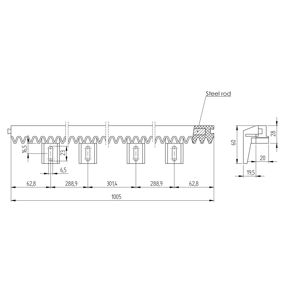 Grzebienie - lekkie PVC+Fe, lekkie, 27x20mm, L1m, max 3