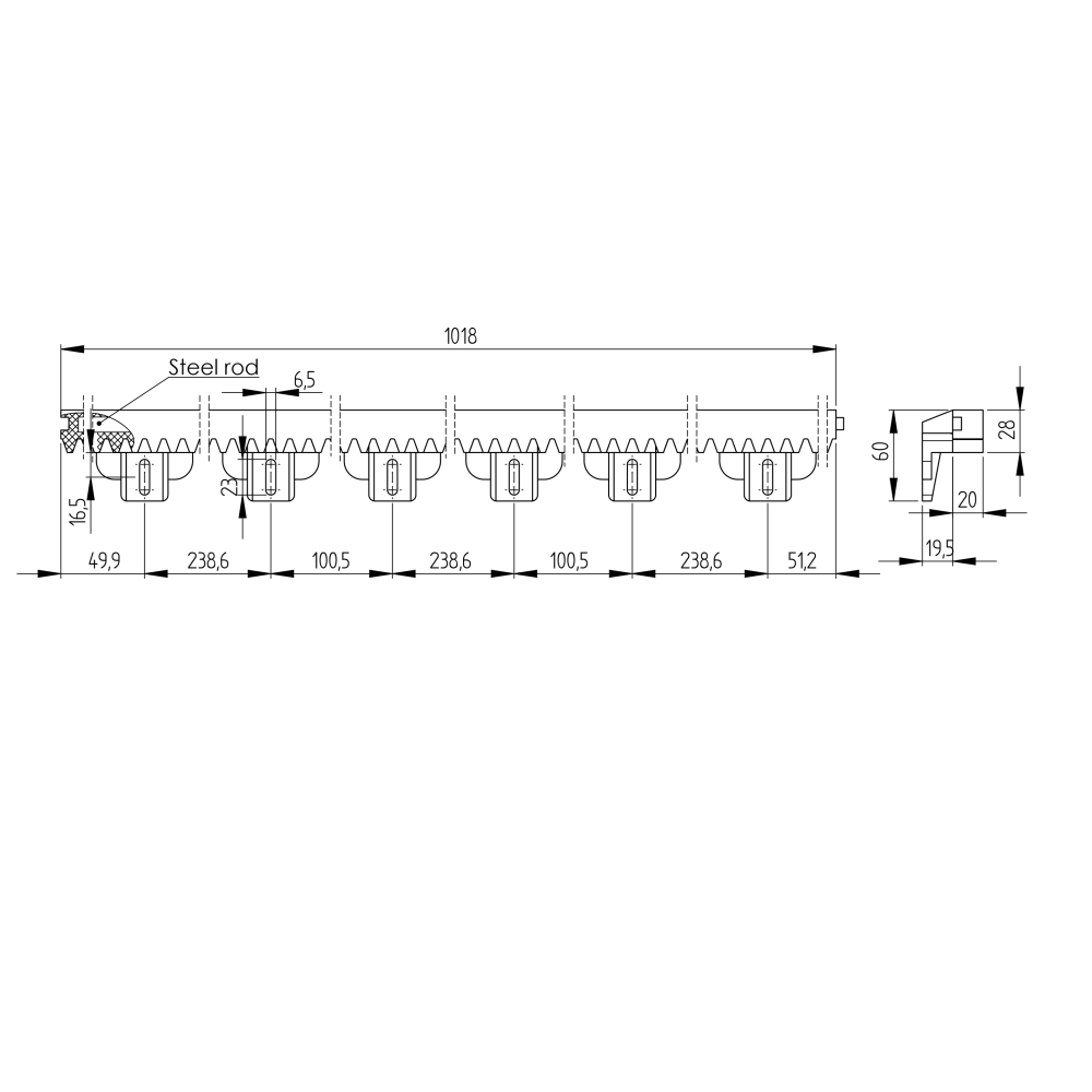 Plastikowy grzebień PVC+Fe, 27x20mm, L1m, max 1200kg