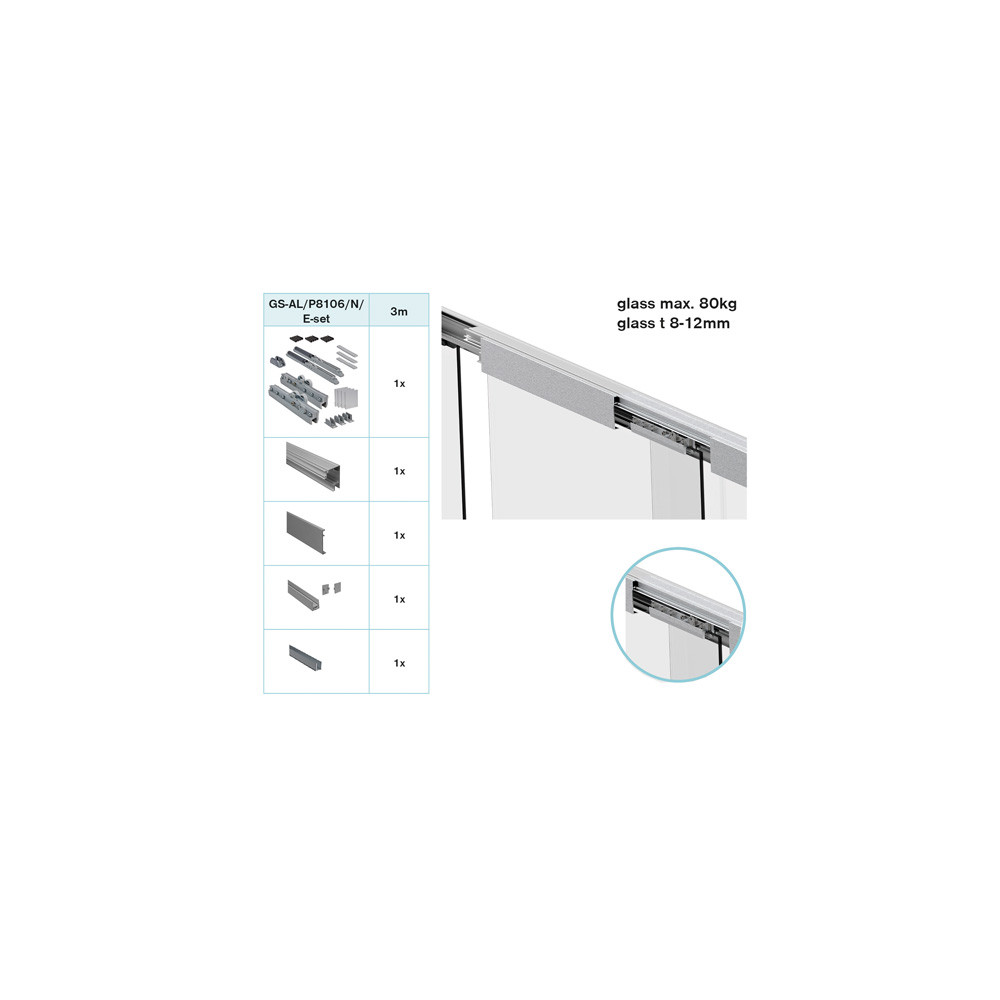 Okucia - drzwi przesuwne + stałe przeszklenie AL